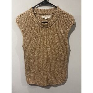 LOFT Ribbed Cap Sleeveless Sweater Vest Chevron Knit Marled Beige Tan